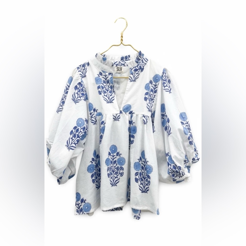 NWOT Sur La Vague Capri Classic Blouse Women’s One Size Peasant Boho Blue White